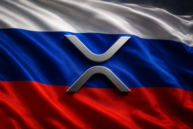 The image shows the Russian flag—white, blue, and red horizontal stripes—with the silver XRP cryptocurrency logo prominently centered on it, symbolizing Russia's new regulatory framework for XRP and digital assets set to take effect on September 1.