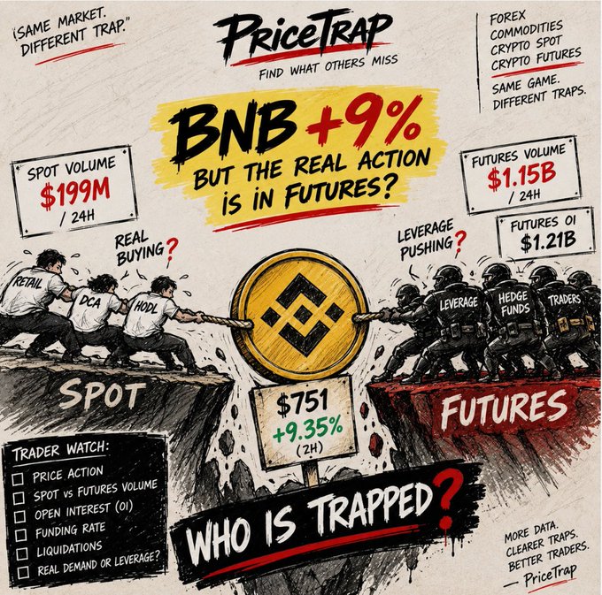 A PriceTrap market graphic shows BNB up 9% to about $751 (+9.35% over 2 hours), contrasting $199M in spot volume with $1.15B in futures volume and $1.21B in futures open interest. It asks, “Who is trapped?” and suggests watching price action, spot versus futures volume, open interest, funding rates, and liquidations.