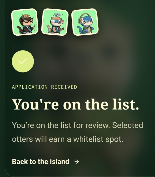 A mobile screen shows an 'APPLICATION RECEIVED' message stating 'You're on the list' with three otter characters at the top.