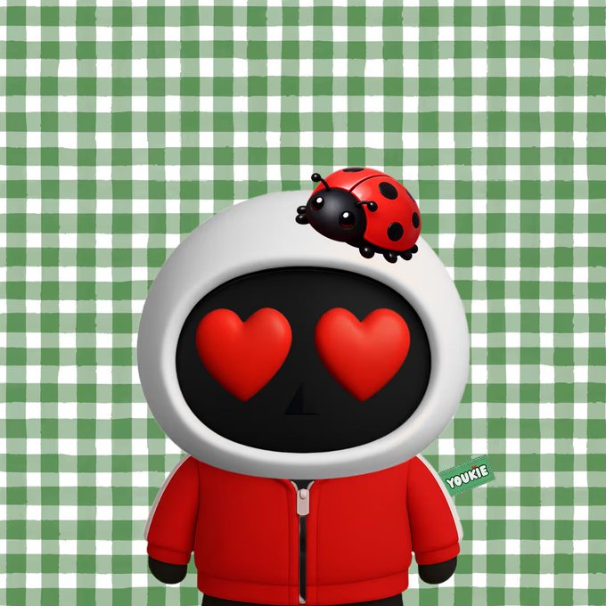 A cute cartoon figure in a red hoodie with a white round head displaying red heart eyes and a ladybug on top, set against a green and white checkered background with a 'YOURKIE' watermark.