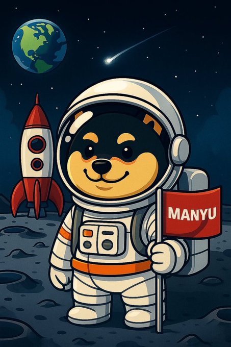 A cartoon illustration of a Shiba Inu dog dressed as an astronaut on the moon, holding a red flag that reads 'MANYU', alongside Earth, a comet, and a rocket in the background.