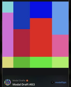 A colorful geometric abstract artwork titled "Modal Draft #83" by artist Modal Drafts, displayed in what appears to be a digital gallery or marketplace interface with the handle "@modal10gic." The image features a grid of vibrant color blocks in blue, red, pink, green, and yellow, illustrating one of the sequentially-indexed pieces from the artist's Modal Drafts collection that the accompanying post discusses in relation to viewing options on ord.net versus ordinals.com.
