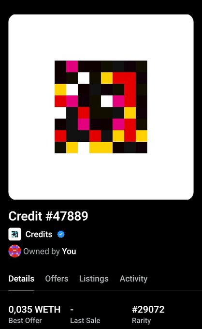 NFT listing for 'Credit #47889' showing a pixel art image, Best Offer of 0.035 WETH, Owned by You, with Rarity #29072.
