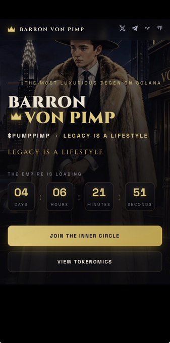 A mobile interface for '$PUMPIMP' featuring a man in a fur-collared coat with a countdown timer and buttons to 'JOIN THE INNER CIRCLE' and 'VIEW TOKENOMICS'.