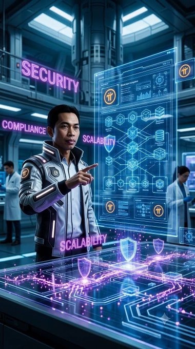 A futuristic scientist in a white coat points to a glowing holographic interface displaying "SECURITY," "COMPLIANCE," and "SCALABILITY" alongside the Pi (π) logo, visually reinforcing the post's message that these three pillars form the foundation of the Pi Network.