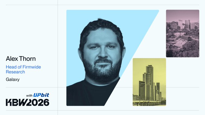 A promotional speaker card for Alex Thorn, Head of Firmwide Research at Galaxy, at the "KBW2026" event with Upbit sponsorship, featuring his portrait and cityscape images.