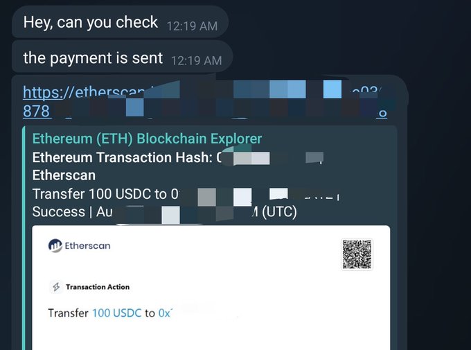 Telegram chat screenshot showing a message 'the payment is sent' along with Etherscan transaction details confirming a successful Transfer 100 USDC.