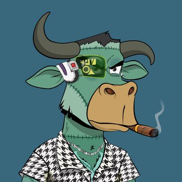 A digital illustration of a green bull character with a stitched scar on its face, wearing a houndstooth-patterned shirt and a green visor with gold symbols, while smoking a cigar.