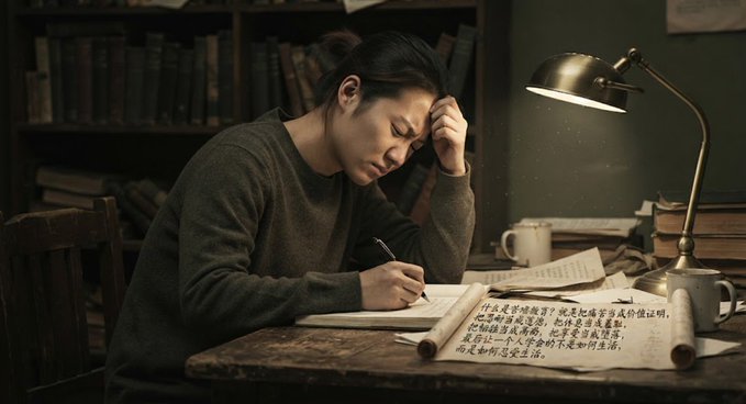 A young man sits at a wooden table under the warm glow of a desk lamp, intently writing on parchment-like paper with a pen, surrounded by stacked books and scrolls with Chinese text. The scene of diligent, weary study visually reinforces the post's theme of "hardship education" in the crypto world—portraying suffering and perseverance as virtues and necessary tolls for growth.