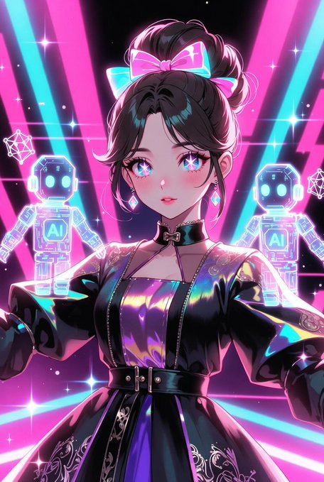 A vibrant anime-style illustration of a woman with dark hair in a high ponytail with a bow, wearing a metallic iridescent dress, flanked by two glowing blue AI robots against a neon pink and blue background.