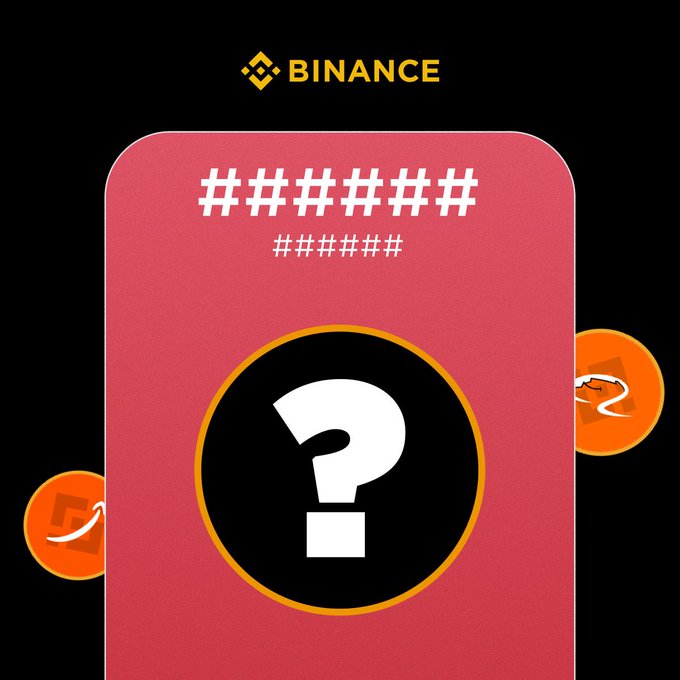 The image is a Binance-branded promotional graphic for a "Guess the Company" trivia game, featuring a red card with a question mark symbol and floating orange coins, with the text "######" (censored/redacted) likely masking the company's name being guessed in the post.
