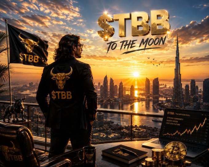 A promotional image shows a man in a $TBB jacket overlooking a Dubai sunset skyline, with 'TBB TO THE MOON' text, a flag, and a laptop showing an upward stock chart alongside gold Bitcoin coins.