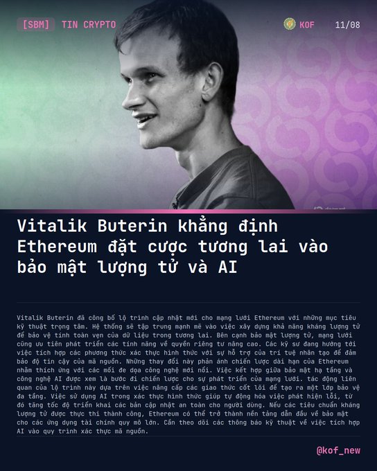 A crypto news graphic featuring Vitalik Buterin with Vietnamese text announcing Ethereum's roadmap update focused on quantum security and AI, dated 11/08 and tagged 'TIN CRYPTO'.