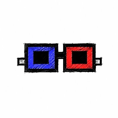 A simple hand-drawn icon of 3D glasses with a blue left lens and a red right lens on a white background.