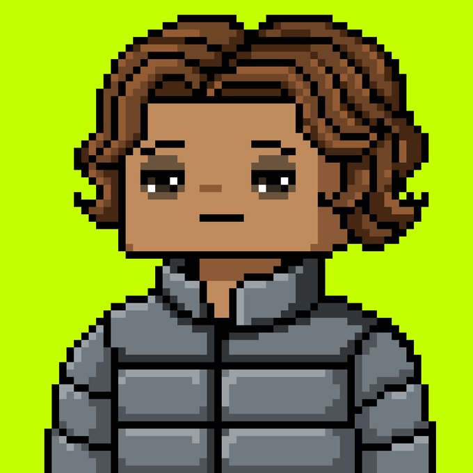 A pixel art portrait of a character with curly brown hair, a neutral expression, and a gray puffer jacket set against a bright green background.