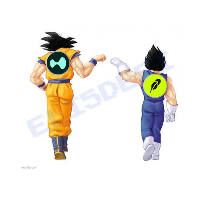 Two anime characters (appearing to be Goku and Vegeta from Dragon Ball) are shown from behind with their fists touching in a fist bump, with their logos (a circle with a leaf/bean shape and a feather) on their backs.