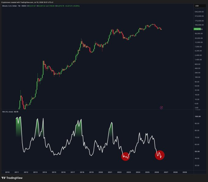 A TradingView long-term Bitcoin/USD weekly chart from 2010-2026 showing the historical bull cycles with RSI indicator at the bottom, featuring red 'W' markings on the RSI suggesting potential double-bottom formation.