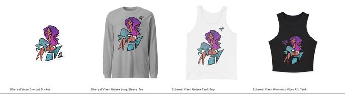 Four merchandise items featuring the 'Ethereal Vision' character design: a die-cut sticker, a unisex long sleeve tee, a unisex tank top, and a women's micro rib tank.