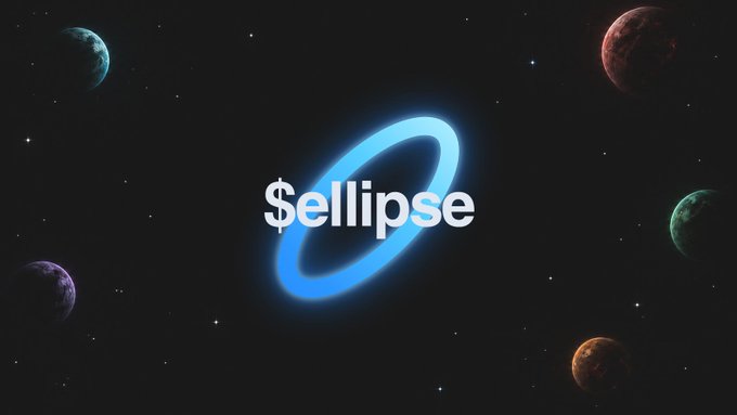 The image features the text "$ellipse" displayed prominently in white, encircled by a glowing blue elliptical ring against a starry space background with several colorful planets. This visually represents the $ELLIPSE token introduction from ellipse.fun, with the elliptical ring directly symbolizing the platform's name and its cosmic, expansive branding.