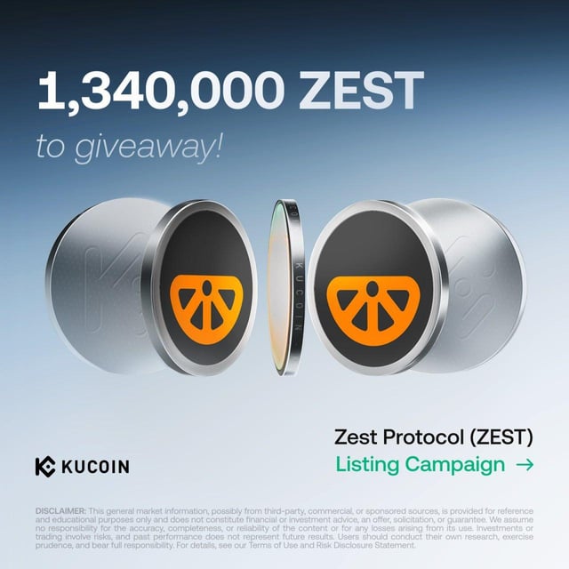 The image features a poster for a contest where participants are required to list down their favorite fruits. The poster includes two coins with an orange logo, one of which has a hole in it. The text on the poster reads "1,340,000 ZEST Giveaway! To win, list your favorite fruit below".