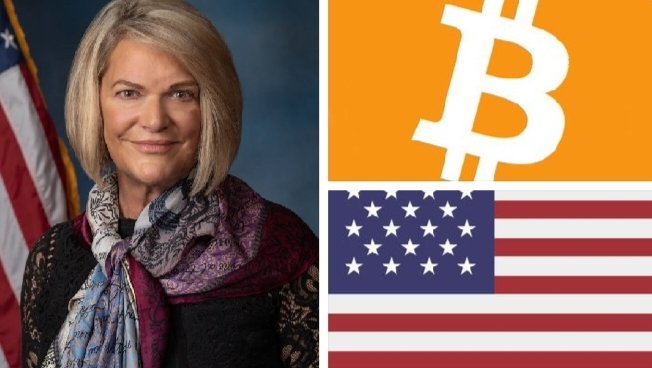 The image features a woman wearing a scarf with a patterned design, standing next to an American flag. The caption above her photo reads "Senator Cynthia Lummis says the CLARITY Act is the most consequential financial legislation of this generation" and she has written "if passed".