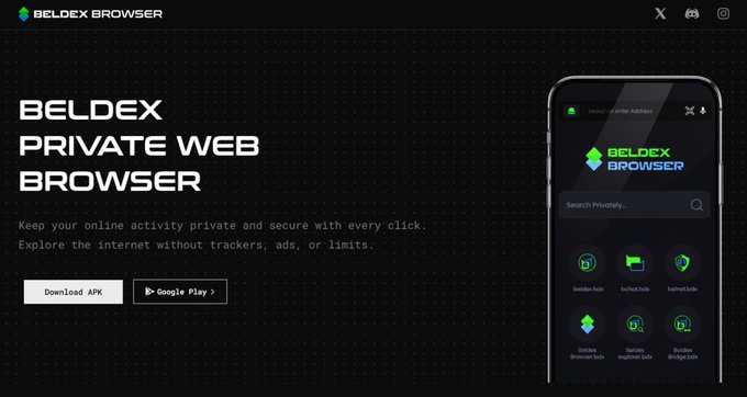 An advertisement for the Beldex Private Web Browser, showing download options for APK and Google Play alongside a preview of the app's interface.