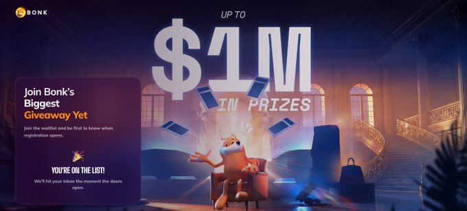A promotional graphic for "Bonk's Biggest Giveaway Yet" featuring an orange cartoon character surrounded by floating phones and a "$1M IN PRIZES" headline, with a waitlist confirmation message ("YOU'RE ON THE LIST!") on the left side.