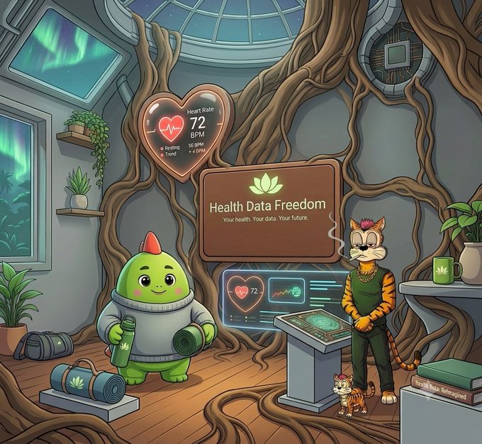 Whimsical illustration titled 'Health Data Freedom' showing a green chicken-like character holding a yoga mat and bottle alongside a tiger character, with a heart rate monitor displaying 72 BPM, set in a cozy room with tree roots and plants.