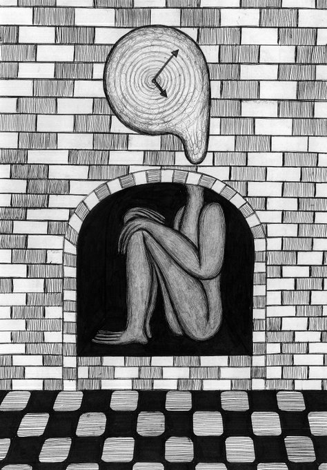 A black and white surrealist drawing featuring a figure curled up in a fetal position inside a brick alcove, with a melting clock-like shape floating above it.