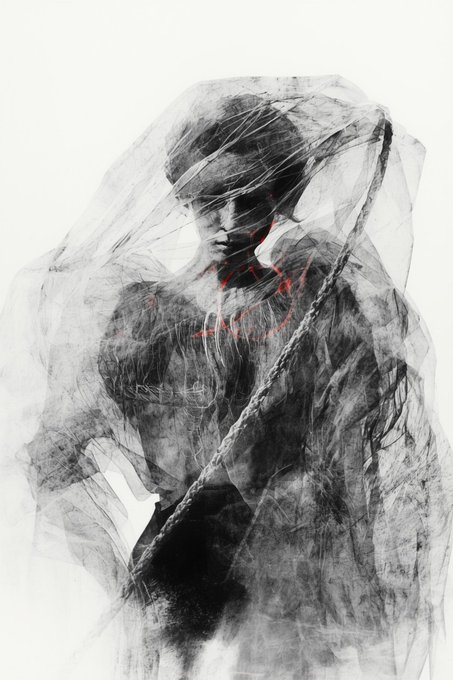 A moody black and white portrait of a hooded figure rendered in a smoky, textured style with subtle red accents on the neck and shoulder.