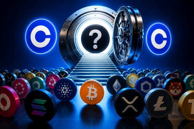 Cryptocurrency promotional graphic showing various crypto coins including Bitcoin in front of a glowing vault door with a question mark.