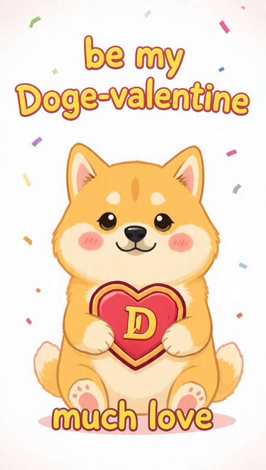Cute cartoon Shiba Inu holding a heart with a Dogecoin 'D' logo, with text 'be my Doge-valentine' above and 'much love' below, surrounded by confetti.