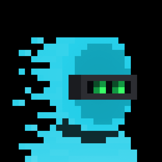A pixel art illustration of a cyan ghost-like figure wearing a black visor with four glowing green lights, dissolving into pixelated fragments on the left side against a black background.