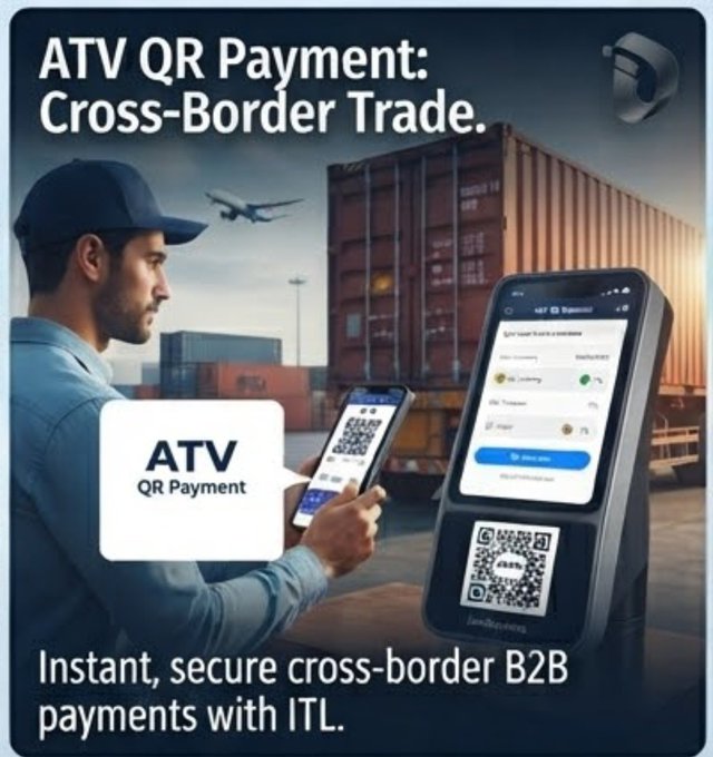 Promotional graphic for 'ATV QR Payment: Cross-Border Trade' showing a man using a phone to scan a QR code at a shipping port, with the tagline 'Instant, secure cross-border B2B payments with ITL'.