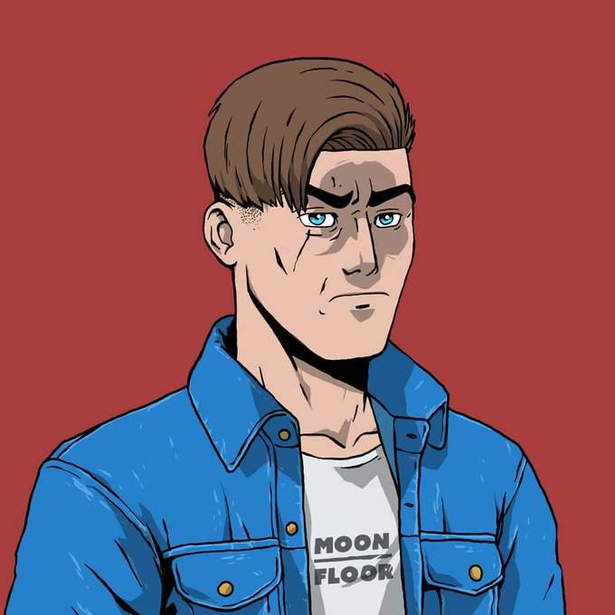 A digital illustration of a man with brown hair wearing a blue jacket over a white t-shirt that reads 'MOON FLOOR', set against a solid red background.