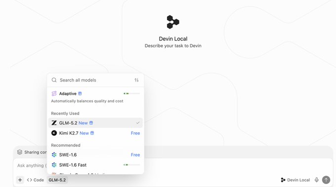 The image features a screenshot of an open computer screen with various pieces of text such as "Devin Local", "@LexnLin", "GLM-5.2", "free", and "via Devin local." The focus of the image is on the screen where the text is displayed, specifically highlighting the message about the free GLM-5.2 app. The post seems to be a response or a comment discussing this software.