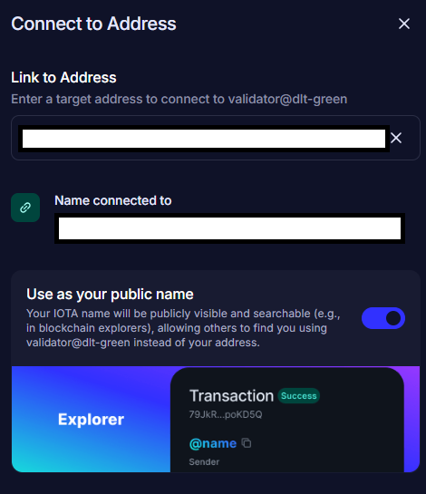 A dark-themed 'Connect to Address' wallet interface linking to validator@dlt-green with input fields and a transaction success card showing '79JkR...pqKD5Q' and an @name sender.
