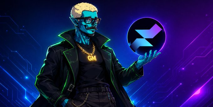 Digital illustration of a blue-skinned character with blonde hair, sunglasses, and a gold 'GM' chain, holding a purple orb with a stylized 'Z' logo.