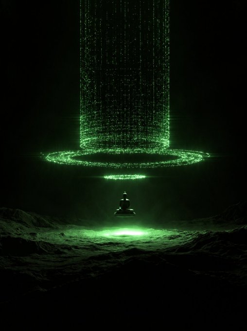 A dark, atmospheric image shows a small figure in meditation beneath a glowing green cylindrical beam of digital light cascading down onto a rocky surface.