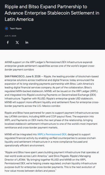 The image shows a screenshot of an article posted on a website about Ripple and its partnership with Bitso. The text of the article highlights the collaboration between Ripple and Bitso for advancing enterprise stablecoin settlement in Latin America, which could potentially benefit financial institutions and payment providers by providing them with a practical way to connect traditional payment infrastructure with digital asset liquidity.