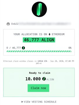 A screenshot of an airdrop allocation page for Aligned Layer ($ALIGN) on the Ethereum network, showing 0xb... wallet eligible for 46,777 ALIGN tokens (0%), with a claim countdown and a button to claim 10,000 ALIGN. The accompanying post celebrates the $ALIGN airdrop being live and lists the poster's two eligible wallet allocations, matching the 46,777 ALIGN figure shown in the screenshot.