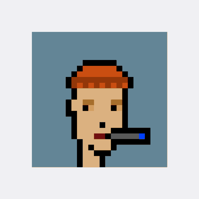 A pixel art illustration of a man wearing an orange bandana and smoking a cigarette against a blue background.