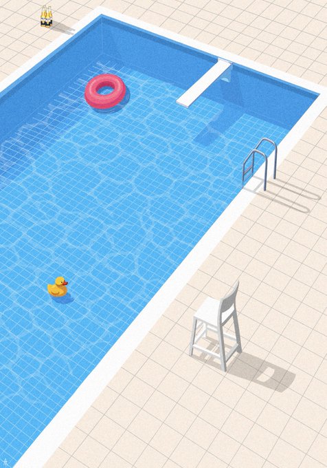 An isometric illustration of a blue tiled swimming pool featuring a pink inner tube, a yellow rubber duck, a lifeguard chair, and pool ladders.