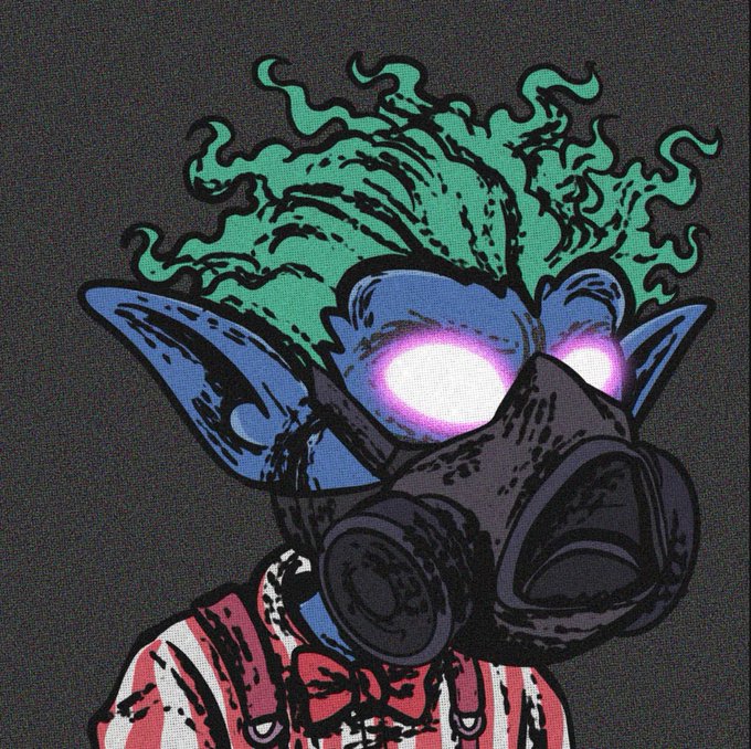 A cartoon-style portrait of a character with glowing purple eyes wearing a black gas mask and a green flame-like hairstyle.