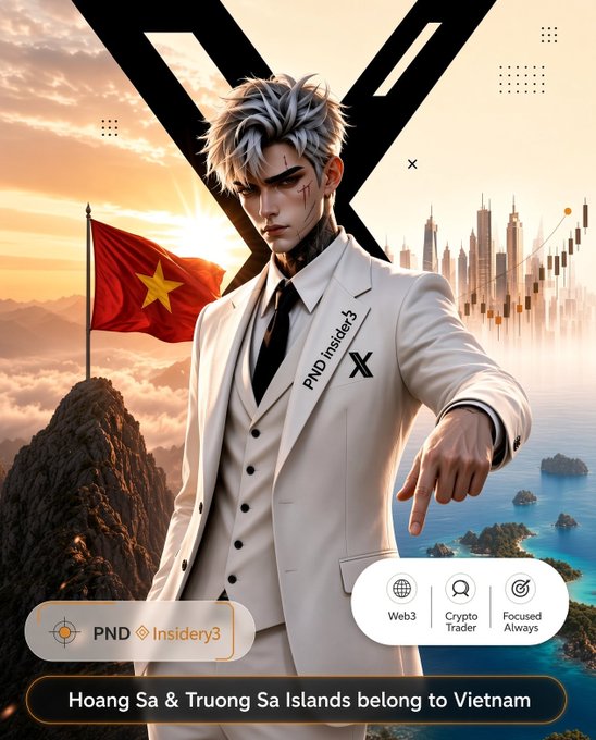Digital artwork of a silver-haired man in a white suit with 'PND Insider3 X' on the lapel, with a Vietnamese flag, city skyline, and charts in the background, captioned 'Hoang Sa & Truong Sa Islands belong to Vietnam'.