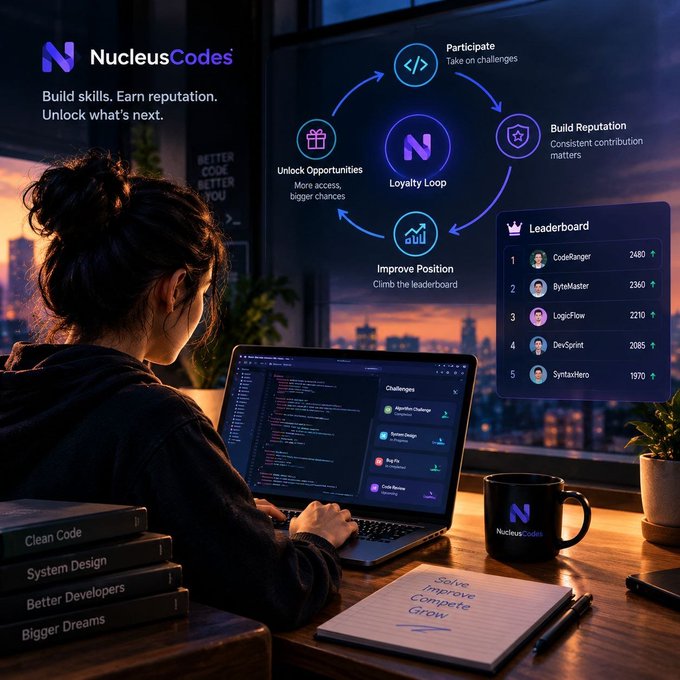A developer works at a laptop displaying the NucleusCodes platform, with a "Loyalty Loop" diagram showing Participate → Build Reputation → Improve Position → Unlock Opportunities, alongside a leaderboard featuring top contributors like CodeRanger (2480) and ByteMaster (2360). The image visually reinforces the post's message by illustrating how consistent contribution and skill-building on NucleusCodes translates into reputation growth and leaderboard advancement.