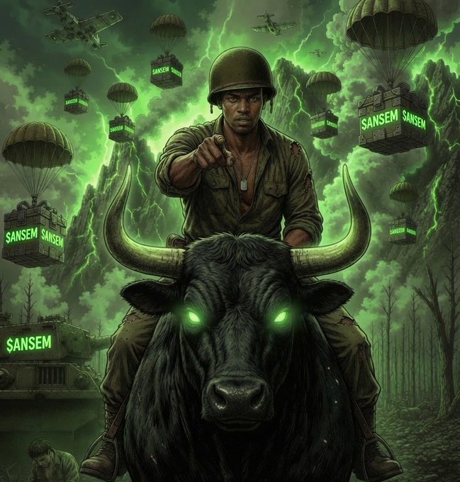 A stylized illustration depicts a soldier pointing forward while riding a massive black bull with glowing green eyes, set against a dramatic green stormy sky with parachutes and tanks marked 'SANSEM' dropping from above.