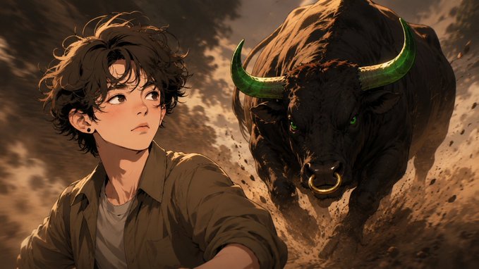 An anime-style illustration of a young person with tousled brown hair looking up warily at a massive charging bull with glowing green horns and green eyes in a dusty arena.