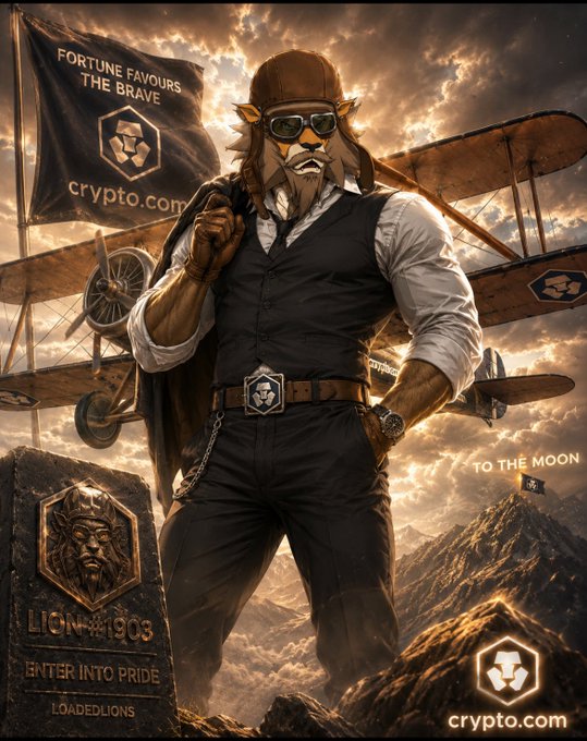 A Crypto.com promotional image features a rugged lion-headed aviator in a leather cap and vest, holding a "FORTUNE FAVOURS THE BRAVE" flag and a "TO THE MOON" pennant, standing beside a biplane and a "LION 1903" tombstone. The artwork reinforces the post's pride-themed messaging about the $CRO token and Loaded Lions NFT collection being more than just a profile picture.