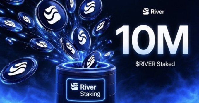 The image features a large blue container filled with coins, surrounded by numerous coins flying out from all directions. The text "10M" is written above the container, indicating that 10 million dollars worth of assets are staked on this particular account. The caption below the image reads "Good morning @RiverdotInc family Waking up to see nearly 10 million dollars worth of assets staked on @River4fun is the perfect way to start the day". This post seems to be promoting a cryptocurrency or token, as it's described in terms of a "level" and an "ecosystem", which are common phrases used when discussing digital currency projects.
